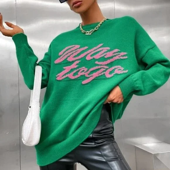 WAY TO GO graphic green pink long sleeve knit sweater top - Picture 5 of 10